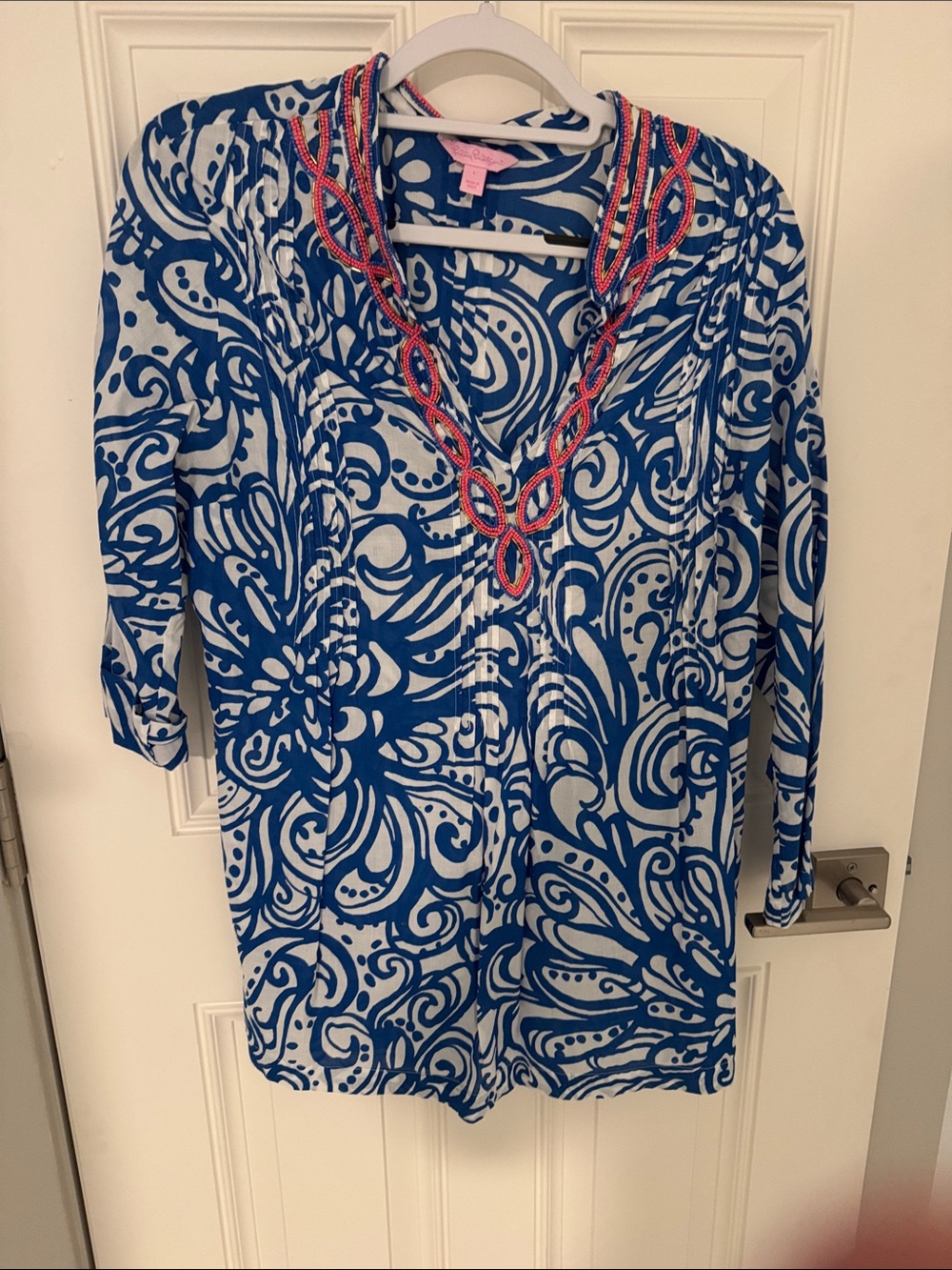 Lilly Pulitzer Blue & White Printed Tunic with Pink Beaded Neckline